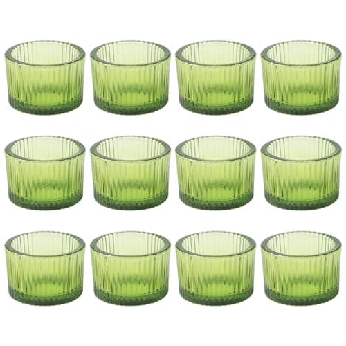 12 Pieces Green Glass Candle Holders, Glass Vertical Stripe Tealight Holder