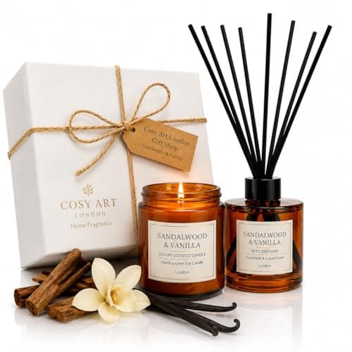 Gift Set | Luxury Sandalwood & Vanilla Relaxation Hamper | Cosy Art London Home Fragrance Box Includes Hand-Poured Soy Candle & Reed Diffuser | Premium Birthday, Anniversary, Pamper Gift