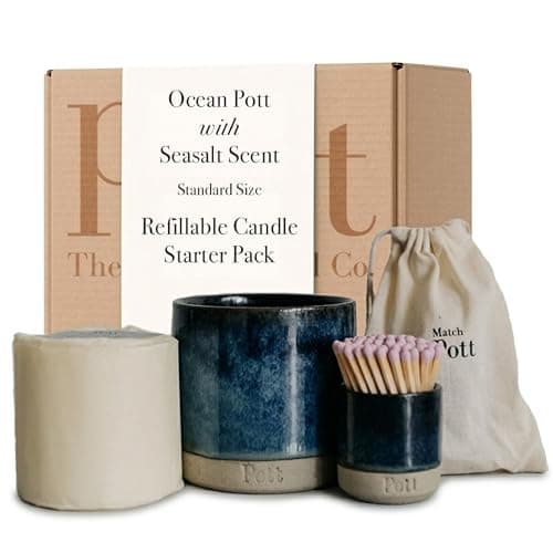 Pott Candles Refillable Candle Starter Pack, Sea Salt Scent, 60 Hour Burn Time, Standard Size, Ceramic Holder, Candle Refill, Match Pott, Natural Wax, UK Made