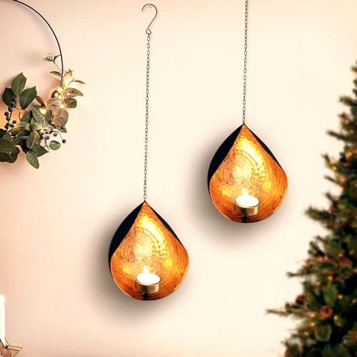 TIED RIBBONS 2 Set Wall Hanging Tea Light Candle Holders | Iron, Golden | 18 Inch | Votive Sconce Candle Holder for Home, Living Room, Wedding, Accents Decor, Wall Hanging, Party