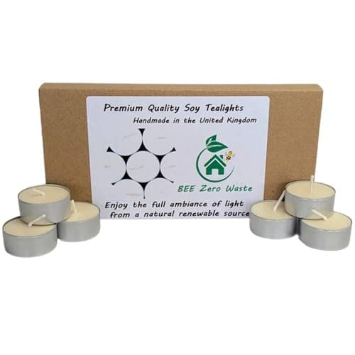 Soy Tea Lights with Metal Cups, Hand-Poured in the UK by BEE Zero Waste, unscented, Vegan, Plastic Free Tea Light Candles, Various Packs (15 pcs)