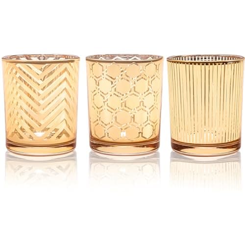 Toptime Tealight Candle Holders, Gold Votive Candle Holder Set of 3, Glass Tealight Holders with Stripe Honeycomb Wavy Lines Pattern, Romantic Table Centrepiece for Wedding, Party, Home Decor