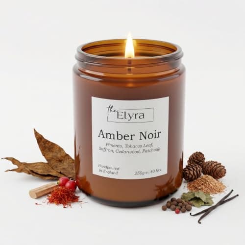 The ELYRA Amber Noir Scented Candle - Luxury Masculine | Pimento, Cedarwood, Patchouli & Vanilla | 40H Long Burn Hand Poured Soy Wax | Intense Relaxation & Meditation, Special Occasions