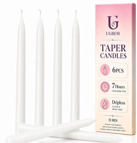 Tapered Dinner Candles, White, 10 Inch, 6 Pack