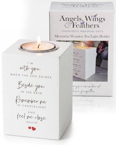 Wooden Memorial Candle Tealight Holder – Bereavement Gifts – Sympathy Gift for Remembrance – 10×7×7 cm Poem Engraved Holder for Comforting Friends & Family – Angels Wings & Feathers