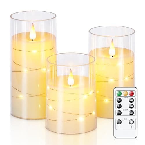 Homemory White Flameless Candles Flickering with String Lights, Set of 3