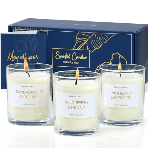 PROFIKLA Scented Candles Gift Set, Lavender, Peony & Wild Berries, Sandalwood Soy Wax Candles, 3 x 3.5oz 75 Hours Burn Time, Elegant Gift for Women and Men, Mum, Mother's Day, Birthday