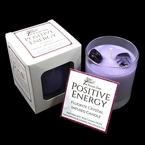 Positive Energy - Crystal Infused Scented Candle Infused with Fluorite Healing Crystals, and is Scented with The Amazing Aroma of Cedarwood and Jasmine Fragrance Oils.