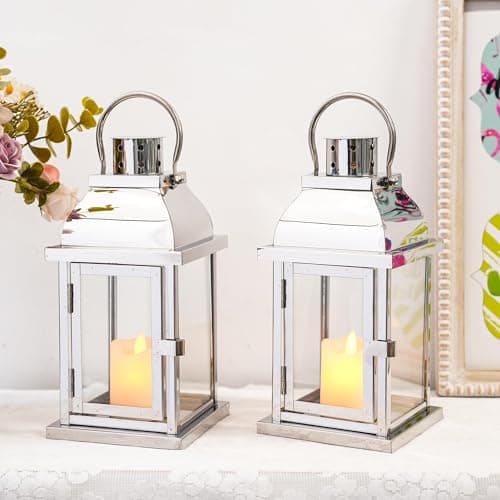 Set of 2 Decorative Candle Lantern 25cm High Hanging Candle Holder Matel Vintage Lantern Decor with Tempered Glass for Indoor Outdoor Home Table Patio Wedding(Silver)