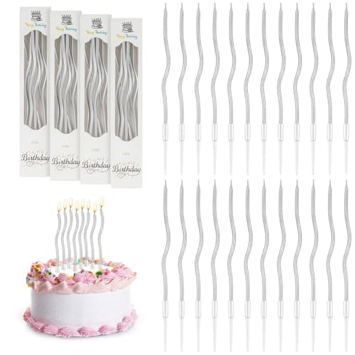 URAQT 24 Pcs Twisty Birthday Candles, Spiral Birthday Candles in Holders, Metallic Long Thin Cupcake Candles for Birthday Wedding Baby Shower Party Decoration Graduation (Silver)