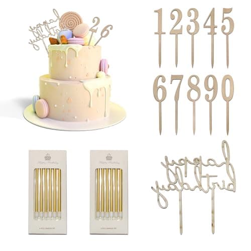 12Pcs Happy Birthday Wooden Cake Topper Numbers 0-9 with Candles