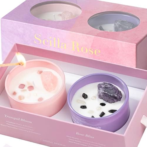 Scilla Rose Luxury Crystal Candle Gift Set for Women – Rose Quartz & Amethyst Soy Wax Scented Candles | Birthday Gift for Her, Mother’s Day Gift, Relaxation Pamper Set