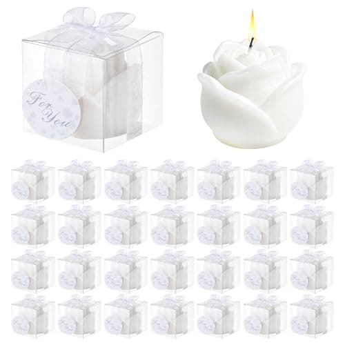 30 Pack White Rose Candles Wedding Favors, Smokeless, Exquisite Packaging