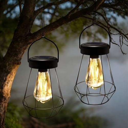 Hanging Solar Lights Outdoor Garden, 2 Pack Metal Garden Lights Solar Powered Waterproof, Solar Garden Lanterns for Yard Pathway Patio Decoration