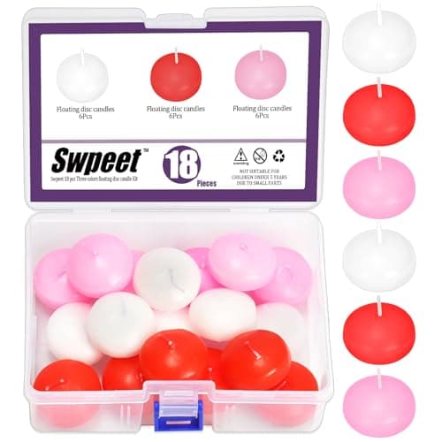 Swpeet 18Pcs 1.5 Inch White/Pink/Red Unscented Floating Candles Set, White Floating Discs Candles Dripless Hand-Rolled Paraffin Wax Cotton Wicks for Centerpieces, Weddings, Parties and Christmas Home