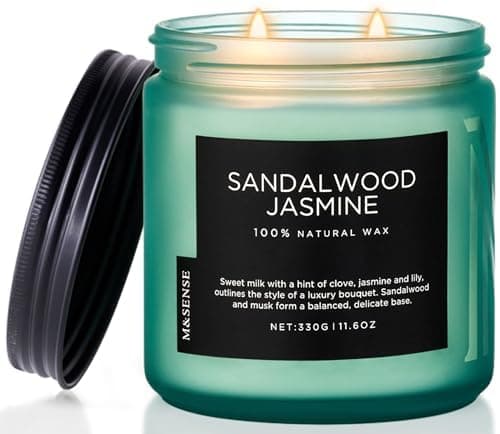 M&SENSE Sandalwood Jasmine Candle, 11.6oz Scented Candle for Home Decor, 2-Wick Natural Soy Wax Candle 70 Hours Long Lasting Burning, Non Toxic Aromatherapy Candle for Stress Relief