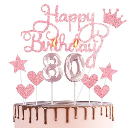 Happy 80th Birthday Cake Topper & Candles - Rose Gold Number 80 for Cake Decorations - Rose Pink Cupcake Topper for Women