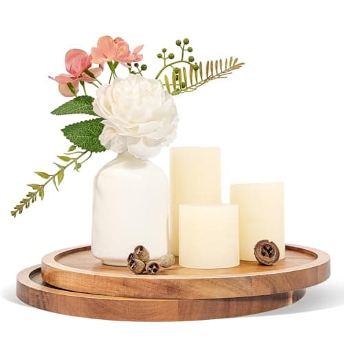 WLWNWFT Candle Tray Table Centre Piece Decoration Set of 2, Acacia Wood Decorative Trays Candle Plate Holder for Coffee Table Display Home Decor Farmhouse Rustic Round Wooden Tray for Christmas 25cm
