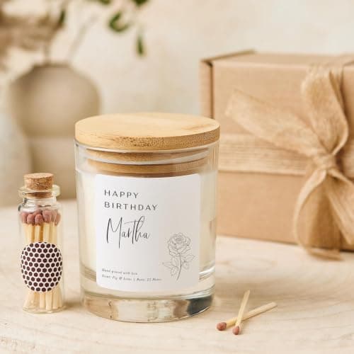Pomchick - Personalised Happy Birthday Scented Vegan Candle Gift Set with Name for Her with Wooden Lid Keepsake Friend Niece Auntie Mum Grandma Present
