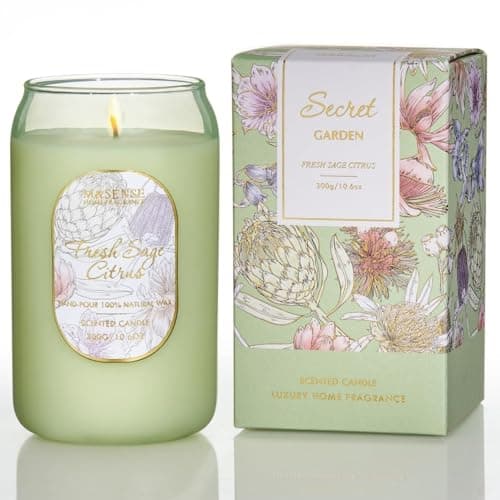 M&SENSE 300g Soy Scented Candles Fresh Sage Citrus - 60 Hours Long Burning, Non-Toxic Glass Jar Green Candle, Aromatherapy for Relaxing, Luxury Birthday/Mother's Day Gifts for Women