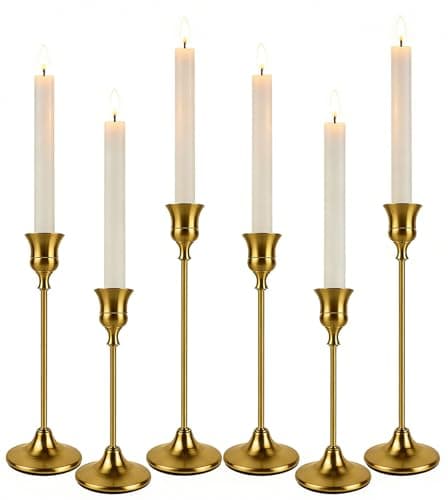 Filltown 6PC Brass Gold Candle Holders Candlestick, Metal Taper Candle Sticks Holder, Vintage Modern Gold Candlesticks Holders for Pillar Candle Decorations, Weddings, Party, Table Centerpieces