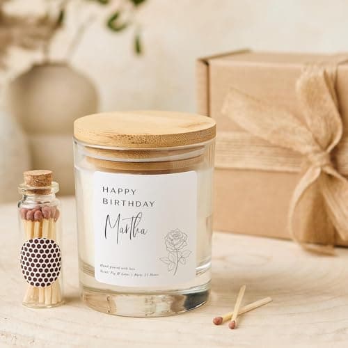 Pomchick - Personalised Happy Birthday Scented Vegan Candle Gift Set with Name for Her with Wooden Lid Keepsake Friend Niece Auntie Mum Grandma Present