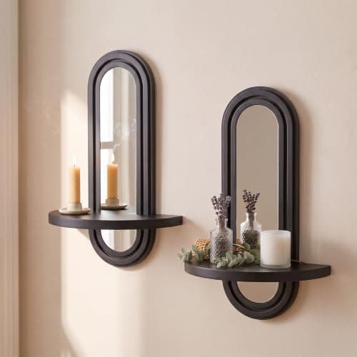 2Pcs Arch Mirror Wall Candle Holders Boho Wood Shelf(Black)