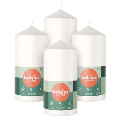 Bolsius Pillar Candles - White - 4-Pack - 4.7″ × 2.4″ - Decorative Household Candles - Long Burning Time of 33 Hours - Unscented - Includes Natural Vegan Wax - Without Palm Oil