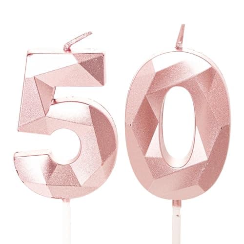 50th Birthday Candles, Rose Gold Number 50 Happy Birthday Candles, Women Cake Topper Decorations for 50 Year Old Birthday Party Wedding Anniversary Celebration Supply Rose Gold