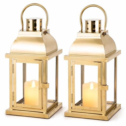 Set of 2 Gold Candle Lanterns, 25cm High Large Size – Decorative Wedding Table Lantern, Vintage Metal Candle Holders with Glass for Indoor Outdoor Garden Patio Romantic Decor