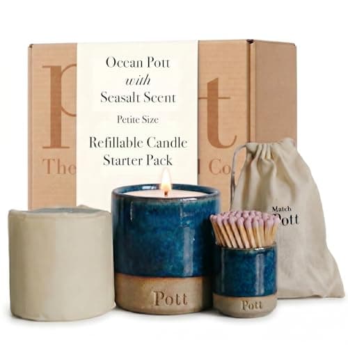 Pott Candles Petite Refillable Candle Starter Pack, Sea Salt Scent, 20 Hour Burn Time, Compact Size, Ceramic Holder, Candle Refill, Match Pott, Natural Wax, UK Made