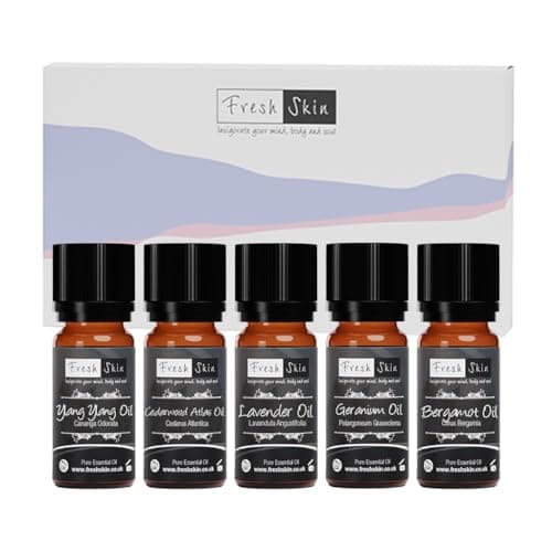 Freshskin Beauty LTD | Starter Kit Essential Oil Gift Set - Relaxing 5 x 10ml - Diffuser for Home, Aromatherapy, Strong Fragrance | Bergamot, Geranium, Lavender, Cedarwood Atlas & Ylang Ylang