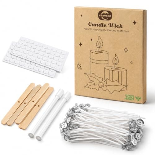 VABNEER 100 Piece Cotton Candle Wick Candle Making for Candle DIY No Black Smoke (10cm/4in with 5pcs Candle Wick Holders & 100pcs Double-sided Adhesive Points)