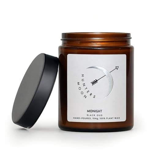 Luxury Scented Candle - 'Midnight' Black Oud Fragrance 154g | Winter Scent | Plant Based Soy Wax Candle | Long Burning Candle 45hrs | Vegan, Paraffin Free | Hand Poured by Hunters Moon