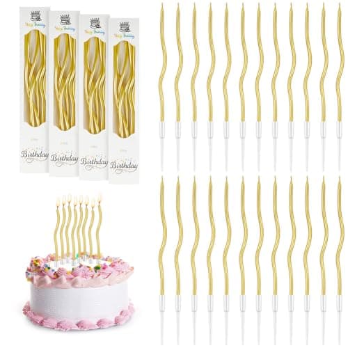 URAQT 24 Pcs Twisty Birthday Candles, Spiral Birthday Candles in Holders, Metallic Long Thin Cupcake Candles for Birthday Wedding Baby Shower Party Decoration Graduation (Gold)