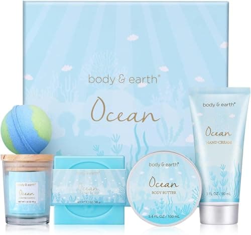 BODY & EARTH Pamper Gifts for Women, 5 Pcs Ocean Bath Spa Gift Set Includes Scented Candle, Body Butter, Gift for Mum Birthday Gift Sets Christmas Mothers Day Gifts Valentine Gifts for Women