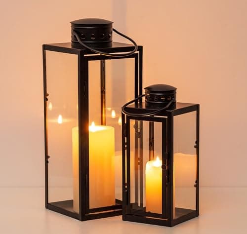 NUPTIO Lantern Black Outdoor for Candle: 35cm&24cm Tall Garden Candle Lanterns Indoor Hanging Decorative Memorial Metal Glass Outside for Living Room Christmas Halloween Wedding Centrepieces