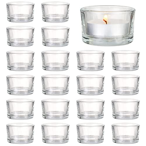 MATANA - 24 Tealight Candle Holders Elegant Clear Glass, 5 x 3 cm for Candles, Votive Tealight Holders for Decoration, Restaurant, Celebrations Engagement, Wedding, Anniversary - Holder Tealights