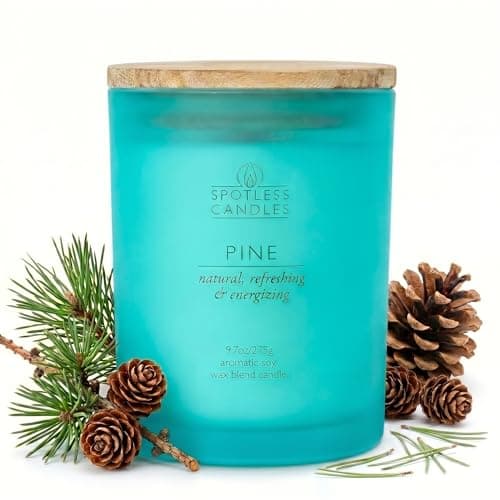 Pine Candle; 275g, 55 Hrs Burn Time, Soy Wax Teal Frosted Jar with Crackling Wooden Wick in a Gold Foil & Luxury Gift Box: Pine Scented Candle by Spotless Candles