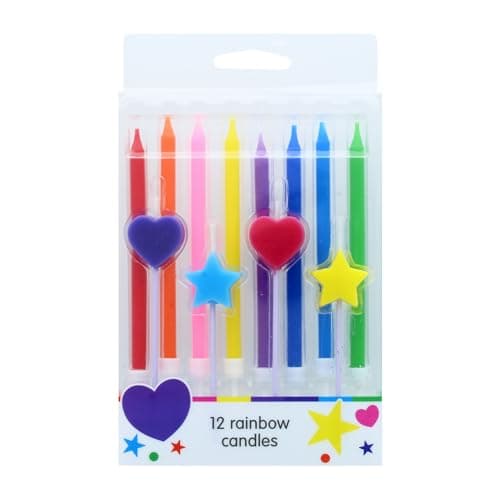 Culpitt Rainbow Birthday Cake Candles, 12 Cake Decorations for Parties, Multi-Coloured Celebration Toppers with Heart, Star, Tall Candles | Mixed Set of 12