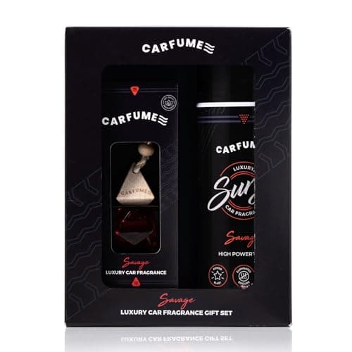 Carfume Savage Car Air Freshener Gift Set | Original Collection | Fresh Bergamot & Woody Ambergris Fragrance - Hanging Diffuser & Surge Can - Luxury Red Car Accessory Gift For Men