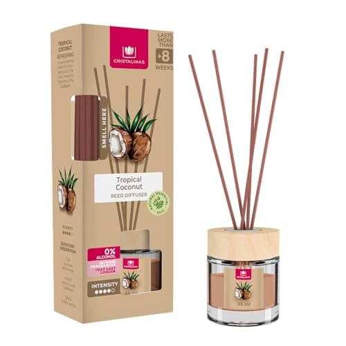 Cristalinas 35ml Tropical Coconut Air Fresheners - Reed Diffuser Home Fragrance Lasts upto 8 weeks - Room Diffuser Sticks with Coloured Fragrance Oil