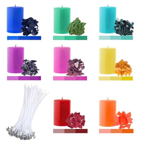 Candle Dye for Soy Wax, 8 Colors Candle Colour Chips with 50 Pcs Wicks, Candles Wax Dye Candles Colour Dyes, Each 5g