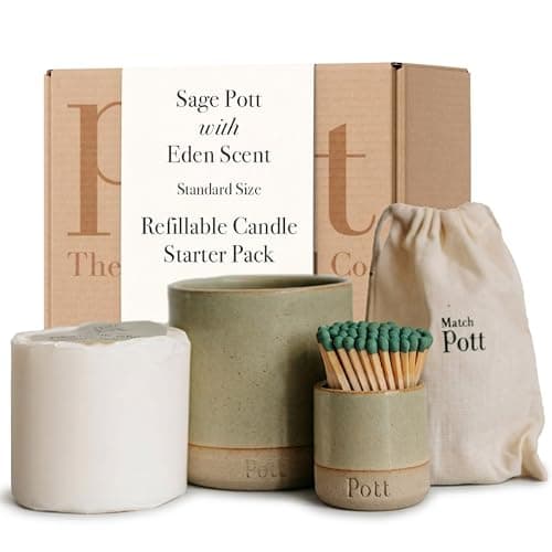 Pott Candles Refillable Candle Starter Pack, Eden Scent, 60 Hour Burn Time, Standard Size, Ceramic Holder, Candle Refill, Match Pott, Natural Wax, UK Made