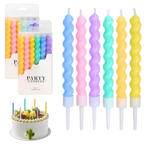 12pcs Twisty Birthday Candles with Holders, Rainbow Spiral Cake Decor