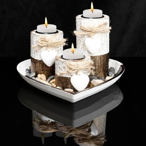 Decorative Wooden Tray with 3Pcs Tealight Holders, Heart Candle Tray and Tea Light Candle Holders, Small Farmhouse Table Centerpiece Rustic White Wood Tealight Holder Plates for Home Decor