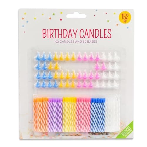 152pcs Decorative Birthday Cake Celebration Candles Set with Easy to Use Holders, Angel Flames, Assorted Striped Spiral Multi Coloured Birthday Party Candles, 102 Candles and 50 Bases