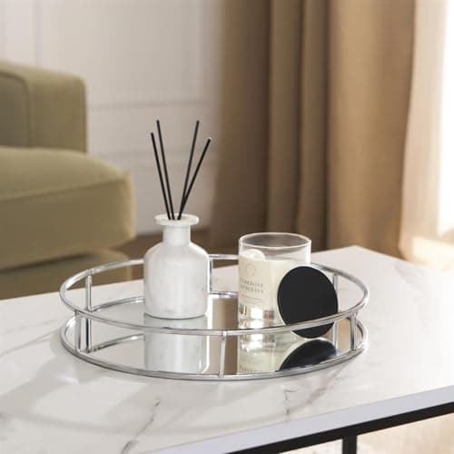 OHS Round Mirror Tray Silver Mirrored Glass Metal Decorative Candle Plate Holder Mirror Tray for Perfume Vanity Dresser Jewellery Organizer Display for Coffee Table Bedroom Bathroom