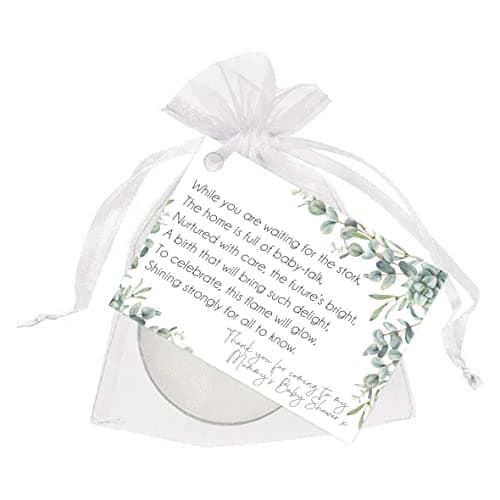 Lovely Little Things Baby Shower Favours for Guests – 20 Neutral Eucalyptus Candle Favours – Tealight Candles with Organza Bags & Poem Cards (White/Eucalyptus)