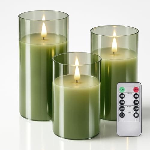 Tyawon Glass Battery Operated LED Flameless Candles with Remote and Timer, Real Wax Candles Warm Color Flickering Light for Festival Wedding Home Party Decor(Pack of 3)-Green